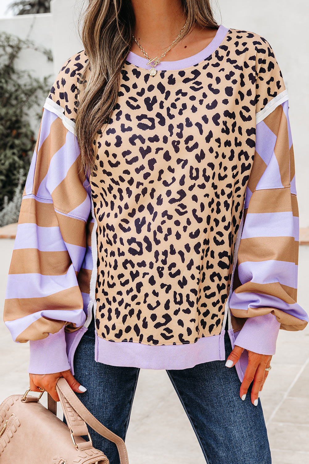 Purple Stripe Color Block Patchwork Leopard Casual Sweatshirt with Slits