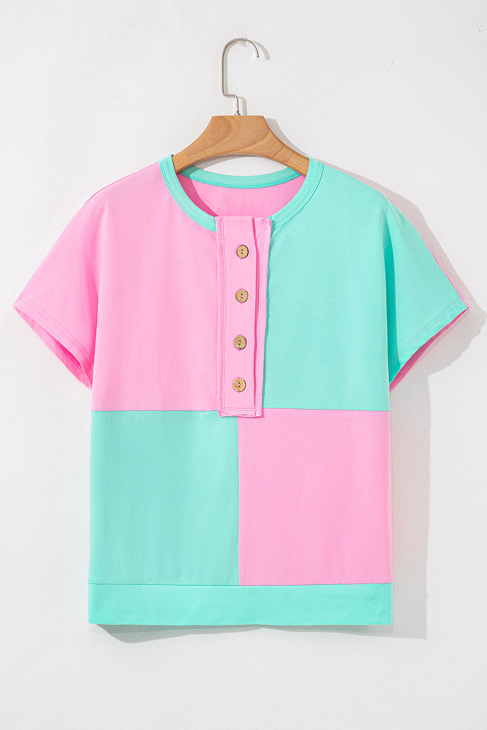 Mint Green Two Tone Half Buttons Collared T Shirt