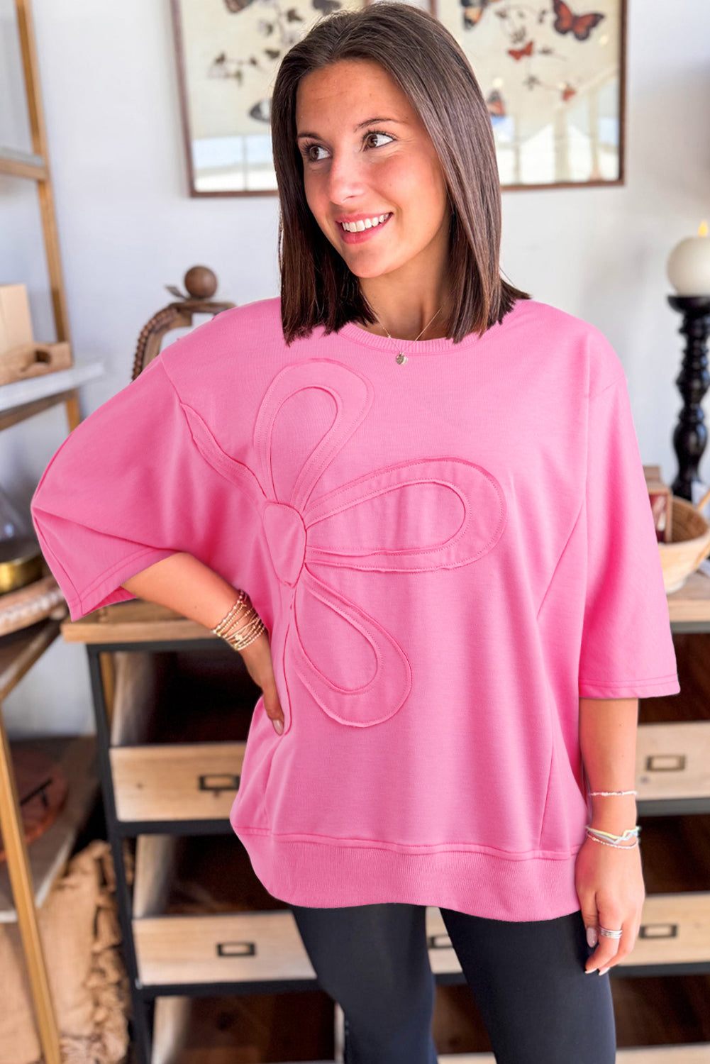 Sachet Pink Floral Patched Half Sleeve Tunic Top