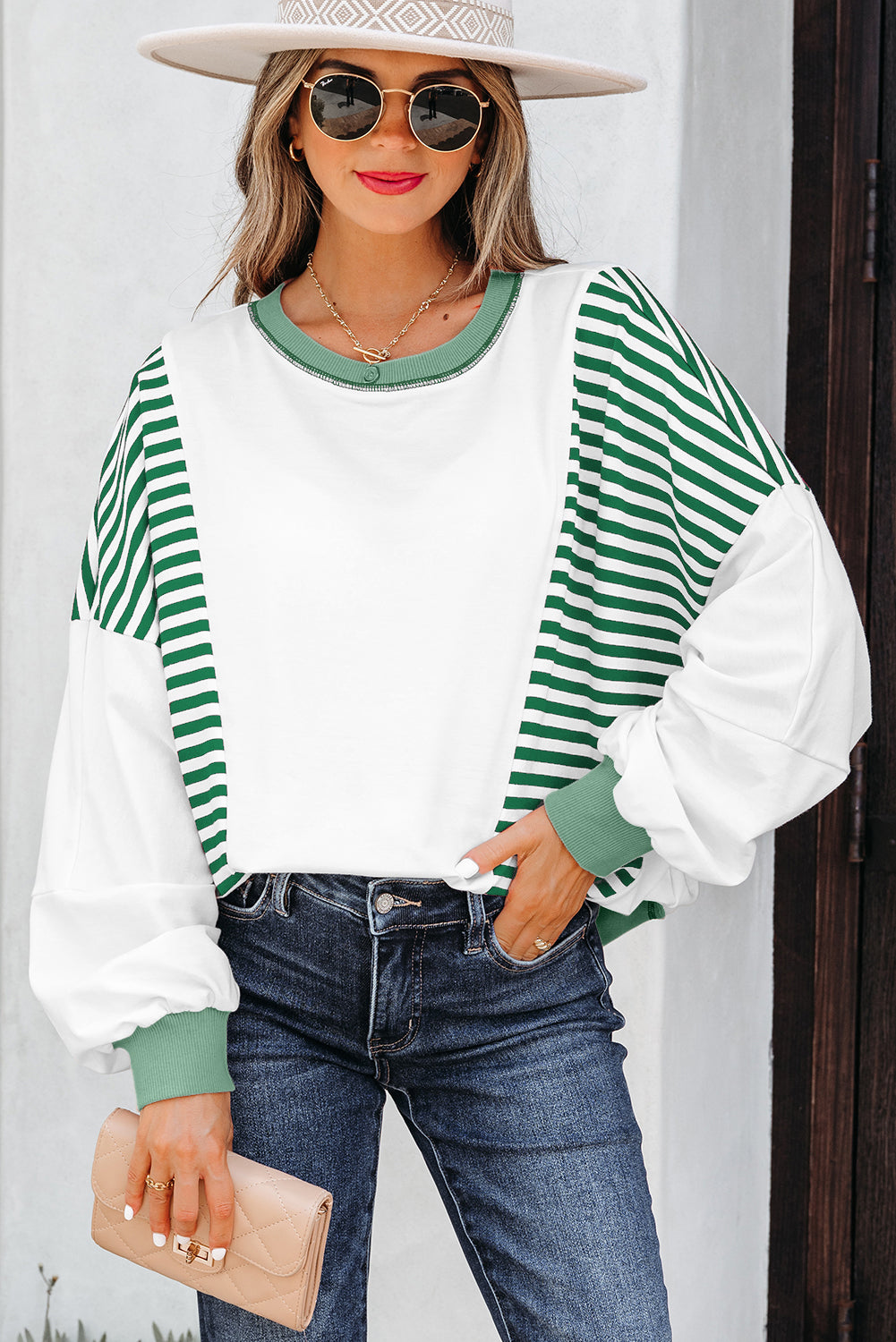 Green Stripe Colorblock Patchwork Contrast Stitching Oversize Sweatshirt