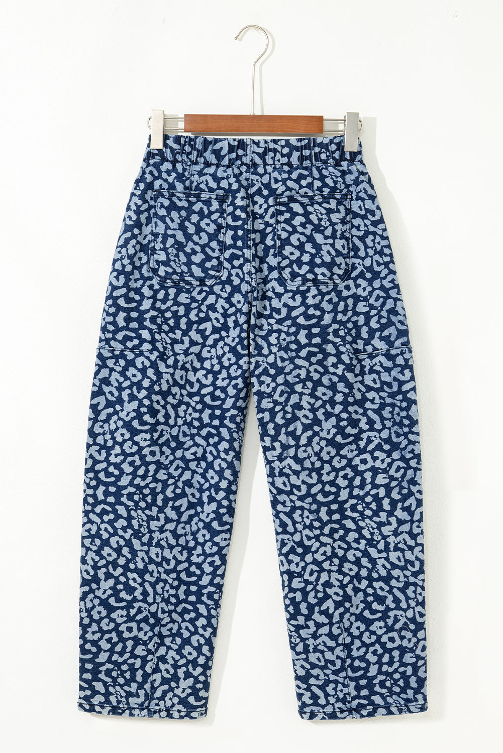 Blue Leopard Printed Drawstring Elastic Waistband Pocketed Wide Leg Jeans