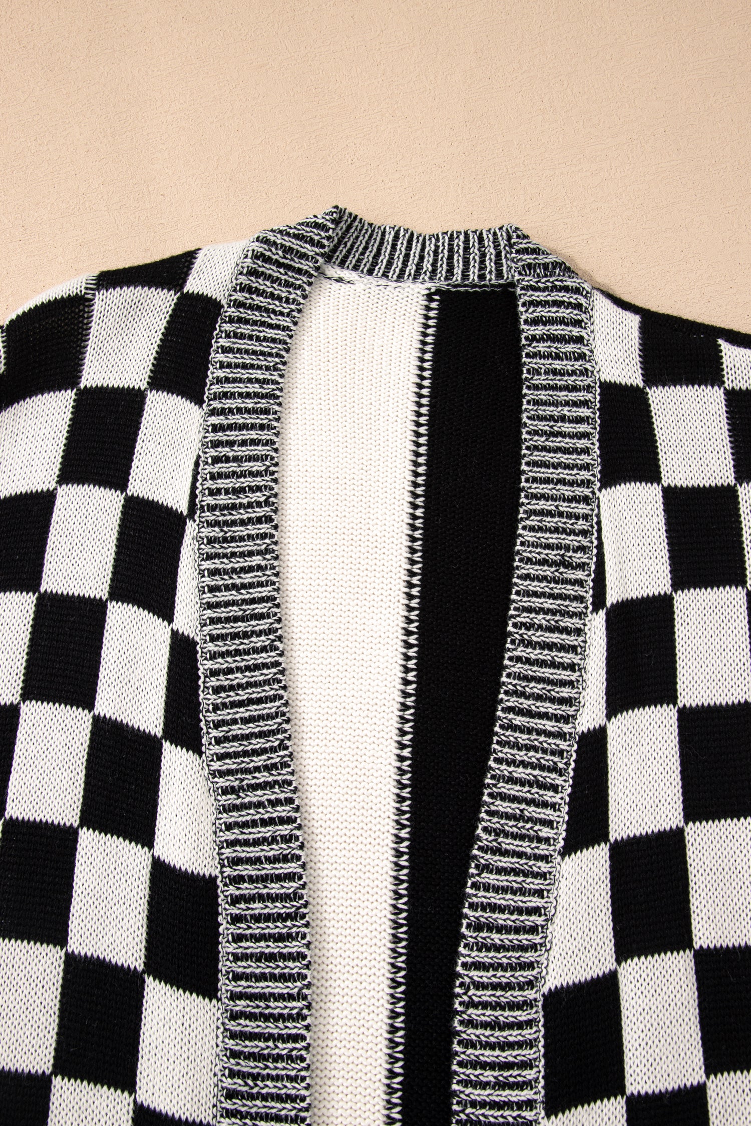 Black Checkered Bubble Sleeve Drop Shoulder Open Cardigan