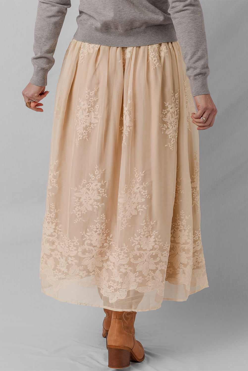 Oatmeal Embroidered Mesh Overlay Flowy Long Skirt