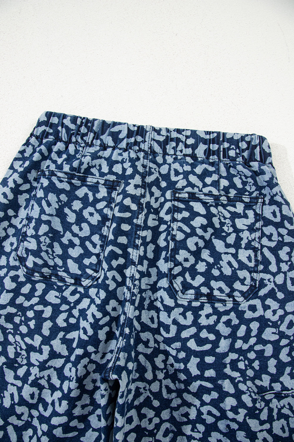 Blue Leopard Printed Drawstring Elastic Waistband Pocketed Wide Leg Jeans