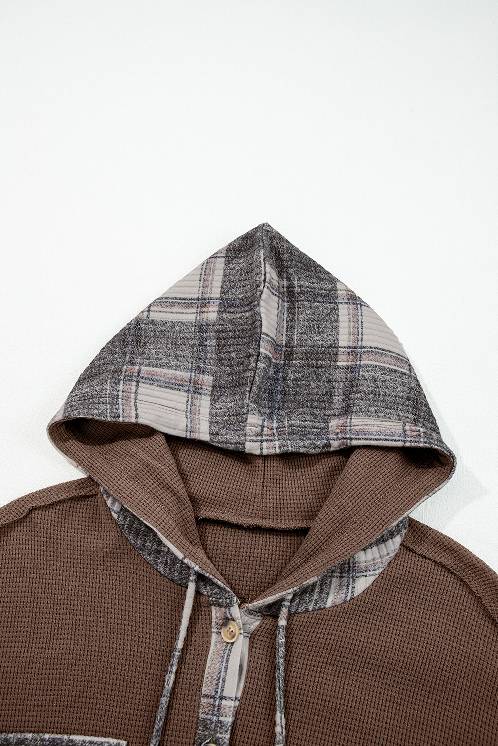 Brown Plaid Patchwork Button Down Drawstring Hooded Shacket